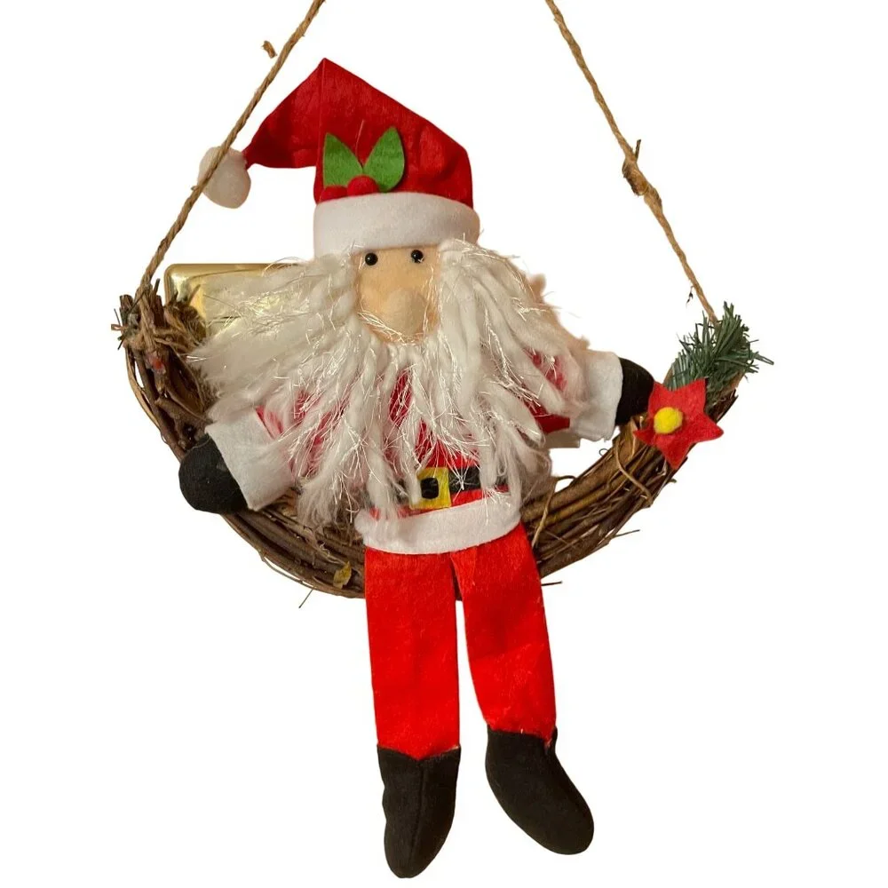 Santa Claus Hanging Wreath Decoration With Plush Santa & Woven Basket